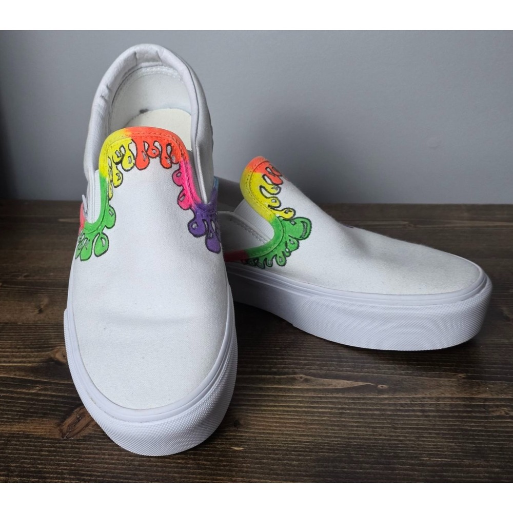 Vans Men's Sneakers Size 7.5 Women's Size 9 White‎ Pink Colorful Slip On Shoes